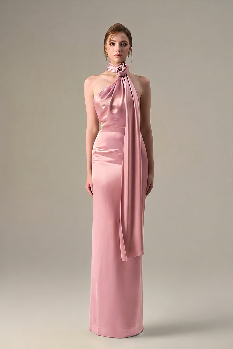 Pink Satin Silk Halter Dress With Cross Detail And Pleated Drape