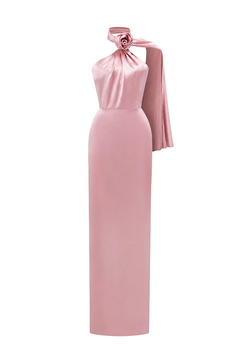 Pink Satin Silk Halter Dress With Cross Detail And Pleated Drape