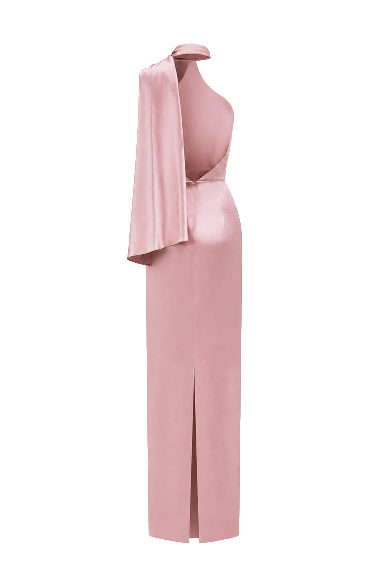 Pink Satin Silk Halter Dress With Cross Detail And Pleated Drape