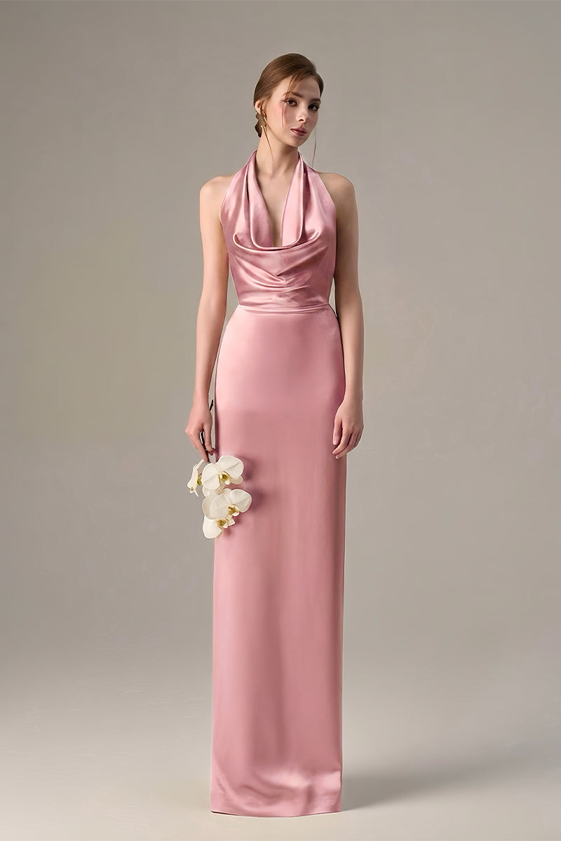 Pink Satin Silk Halter Dress With Pleated Detailing