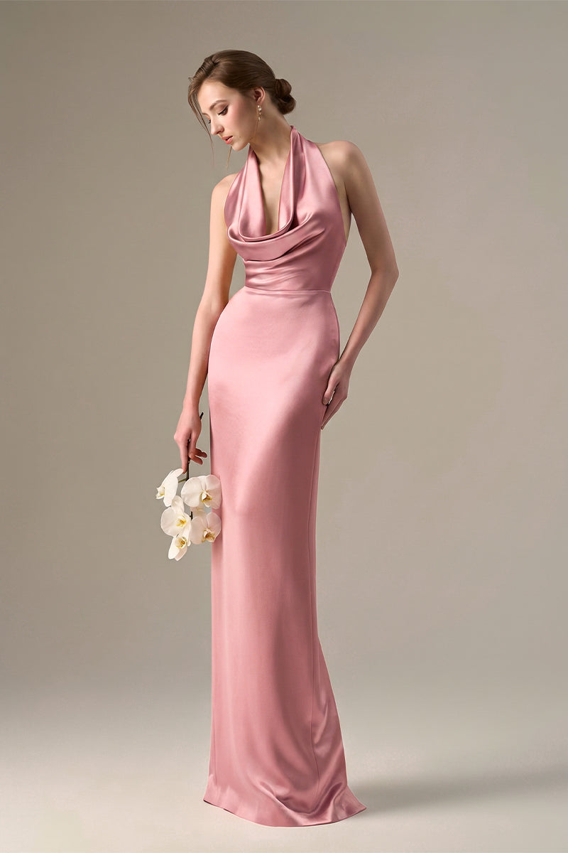 Pink Satin Silk Halter Dress With Pleated Detailing