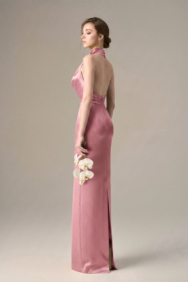 Pink Satin Silk Halter Dress With Pleated Detailing