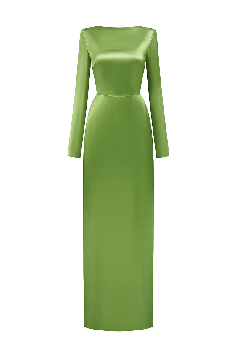 Green Long-Sleeve Satin Silk Dress With A Draped Back Neckline And Tie Detail
