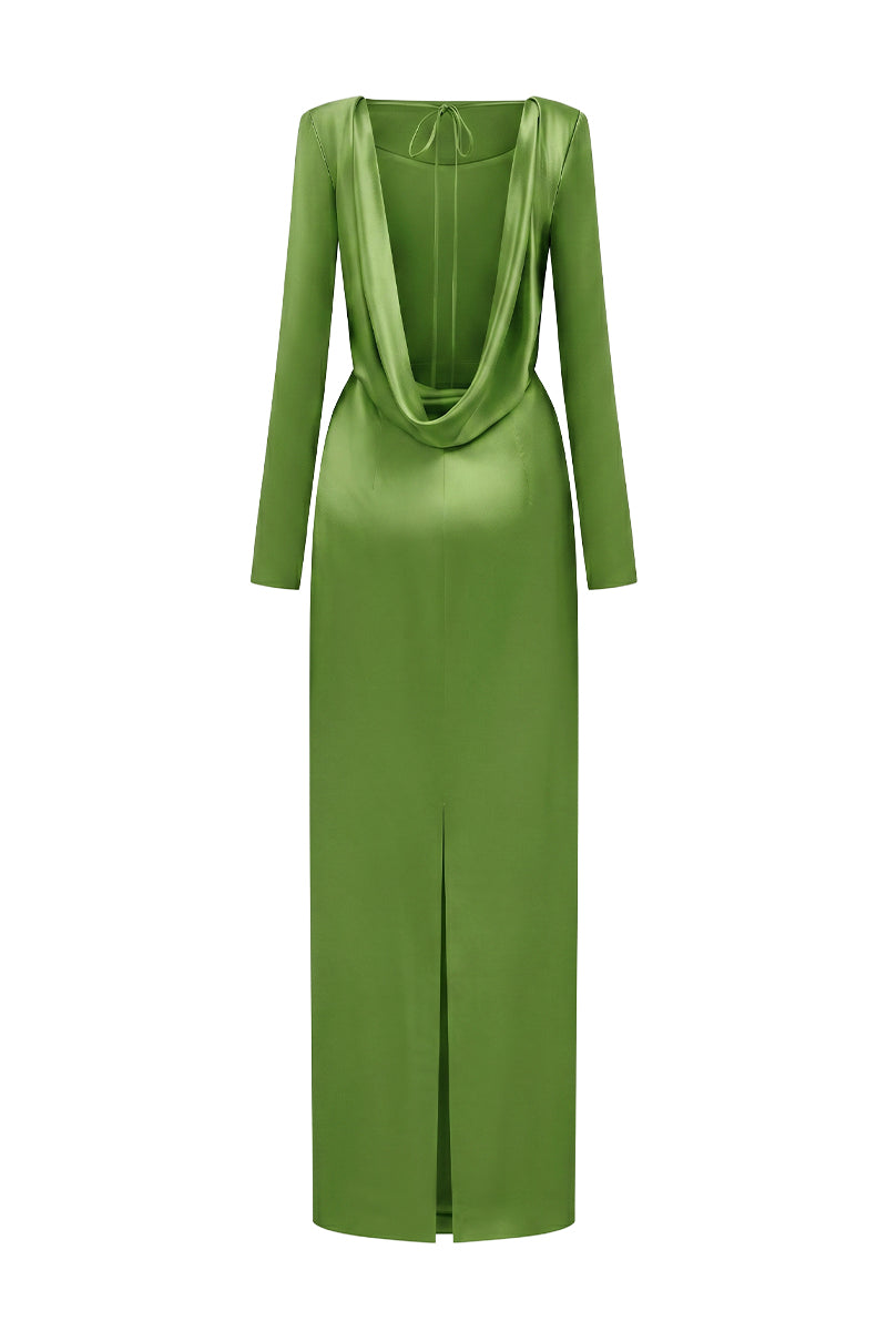 Green Long-Sleeve Satin Silk Dress With A Draped Back Neckline And Tie Detail