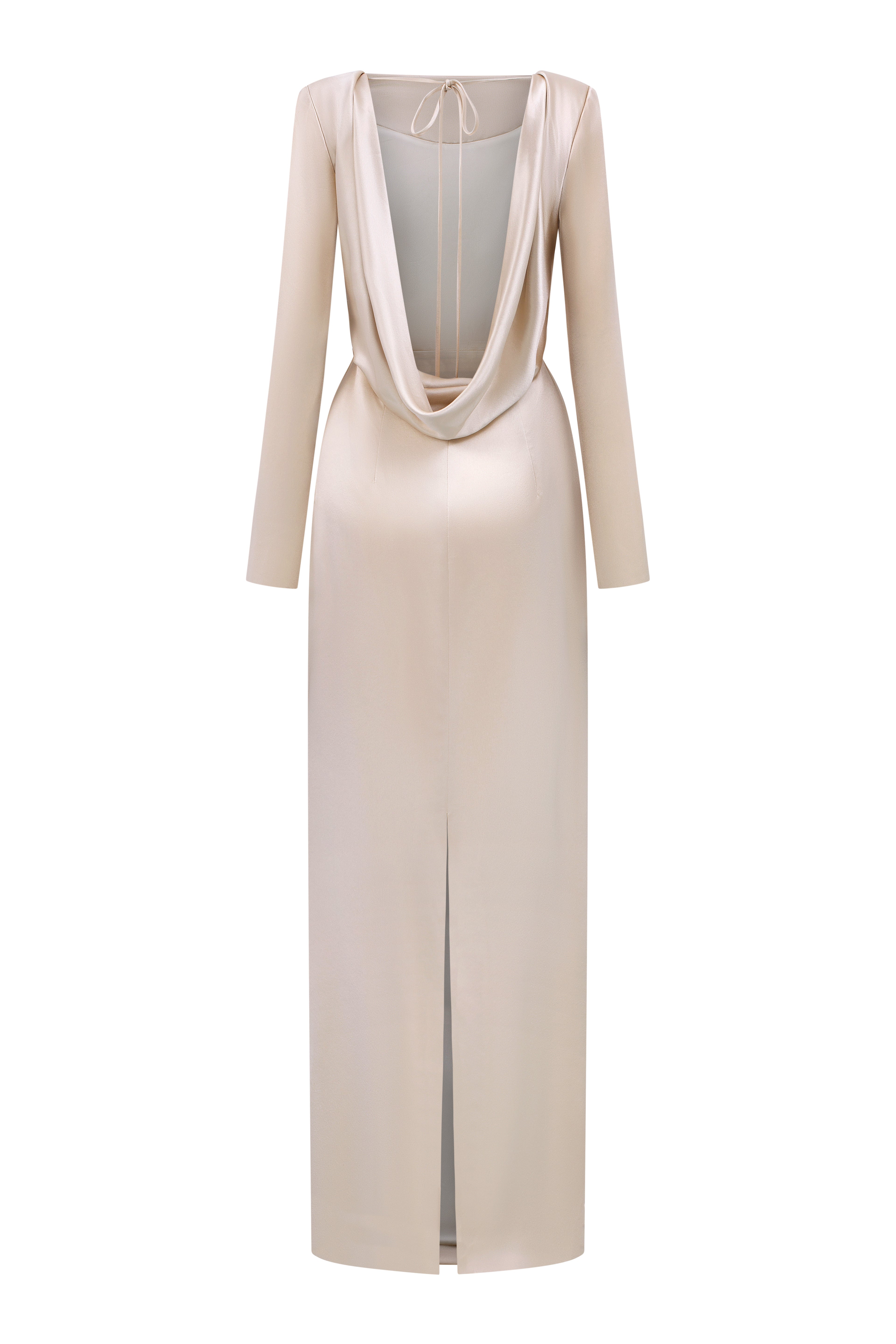 Long-Sleeve Satin Silk Dress With A Draped Back Neckline And Tie Detail