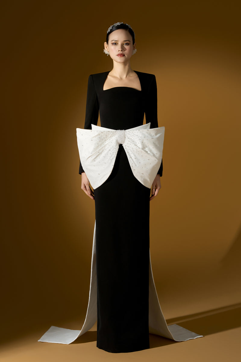 Long Sleeves Column Gown With Trapeze Neckline And Waist Bow