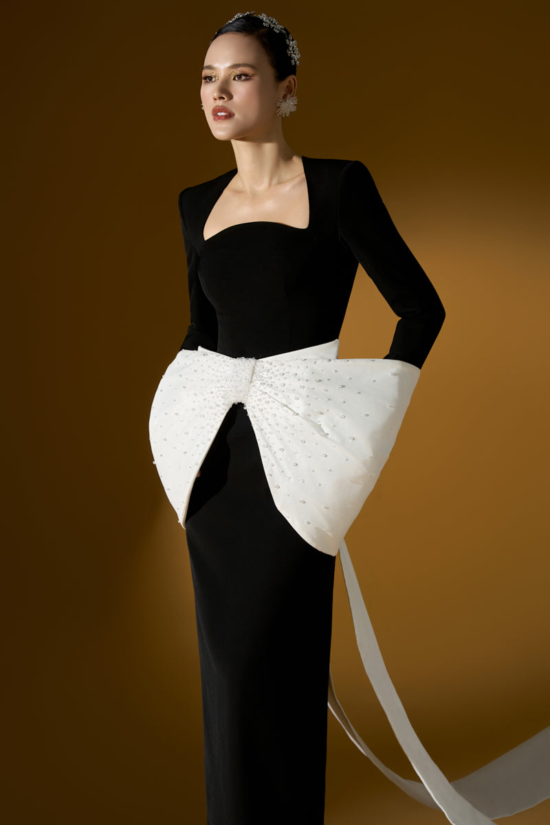 Long Sleeves Column Gown With Trapeze Neckline And Waist Bow
