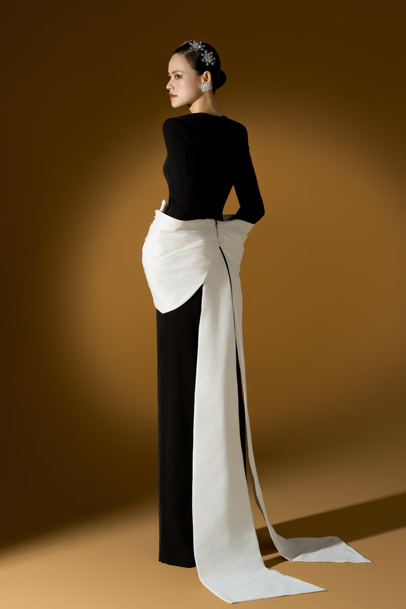 Long Sleeves Column Gown With Trapeze Neckline And Waist Bow
