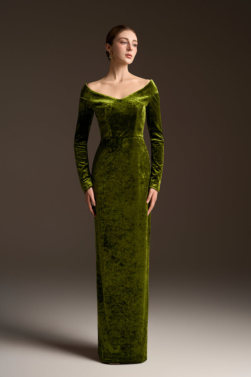 Long Sleeves Off-Shoulder Column Dress In Velvet