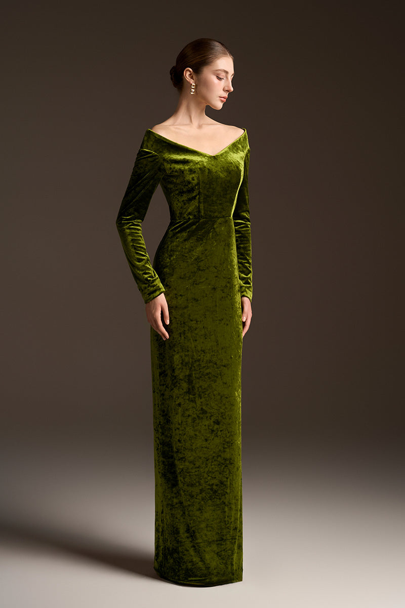 Long Sleeves Off-Shoulder Column Dress In Velvet