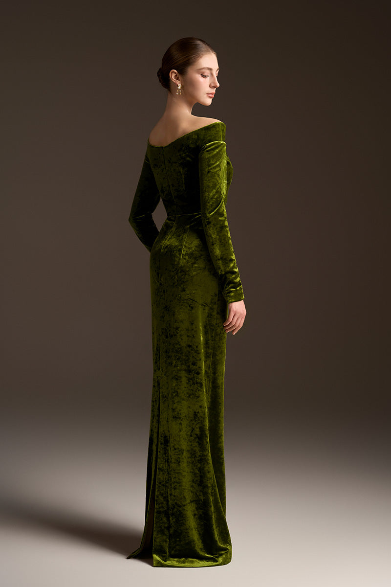 Long Sleeves Off-Shoulder Column Dress In Velvet