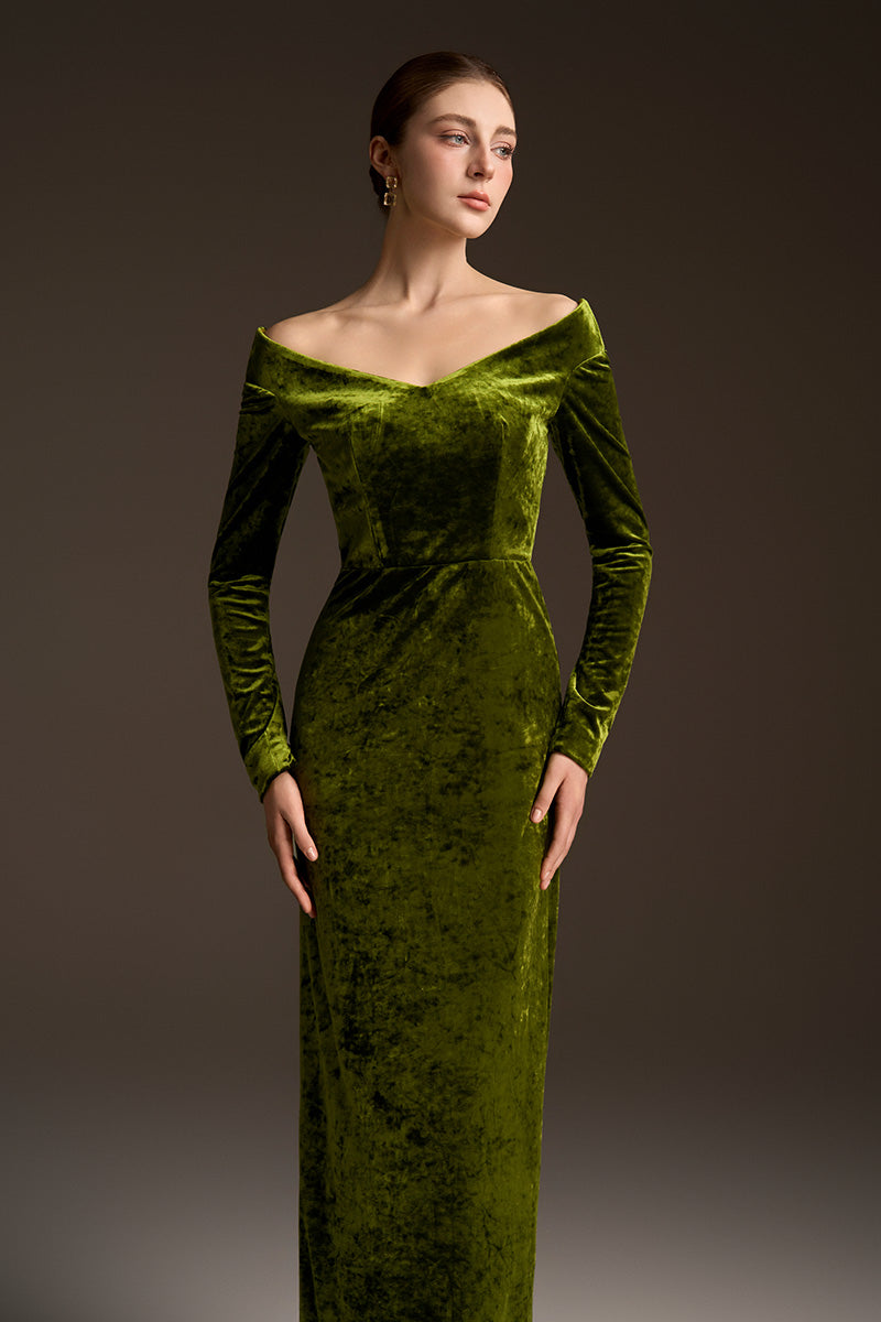 Long Sleeves Off-Shoulder Column Dress In Velvet