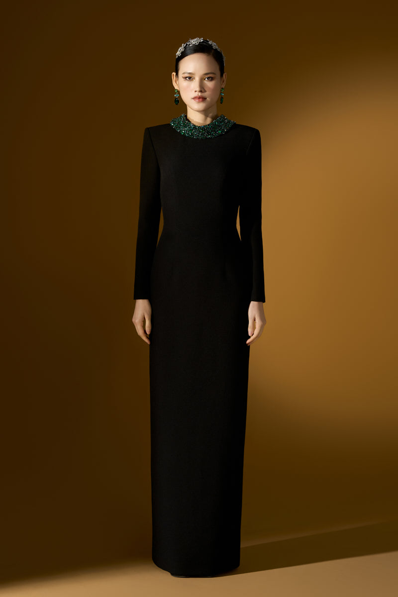 Long Sleeves Column Gown With De-constructed Collar