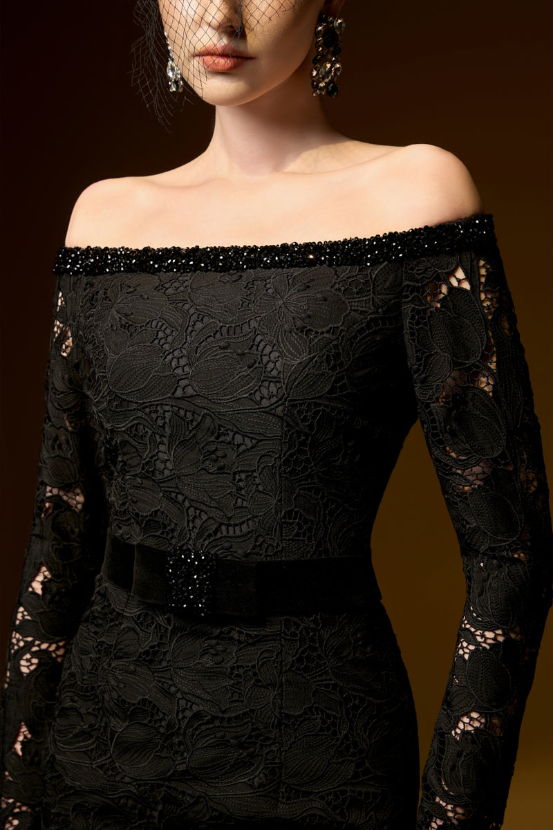 Long Sleeves Off-Shoulder Column Gown