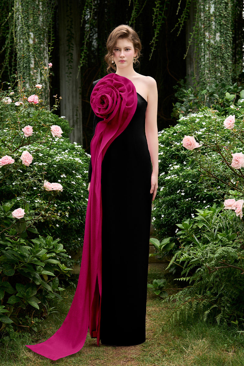 Column Evening Gown With One Shoulder, Long Sleeve And Draped Rose On Side Chest