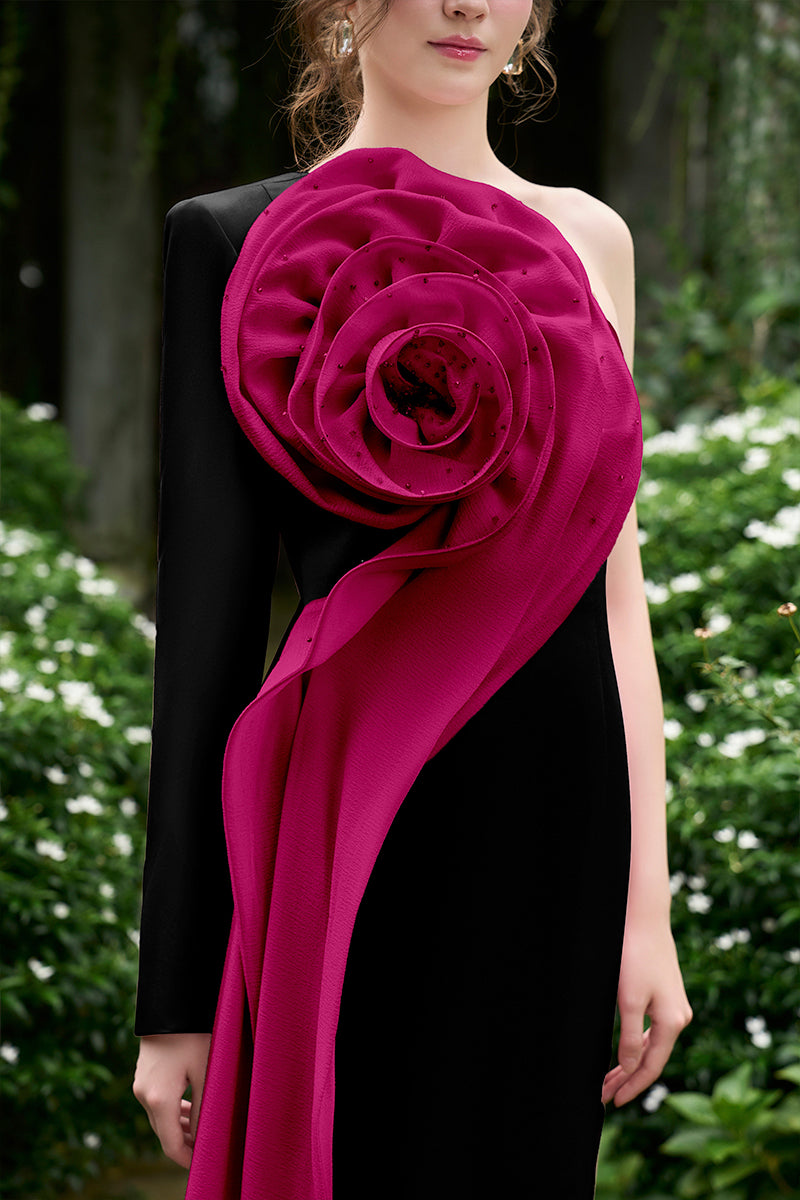 Column Evening Gown With One Shoulder, Long Sleeve And Draped Rose On Side Chest