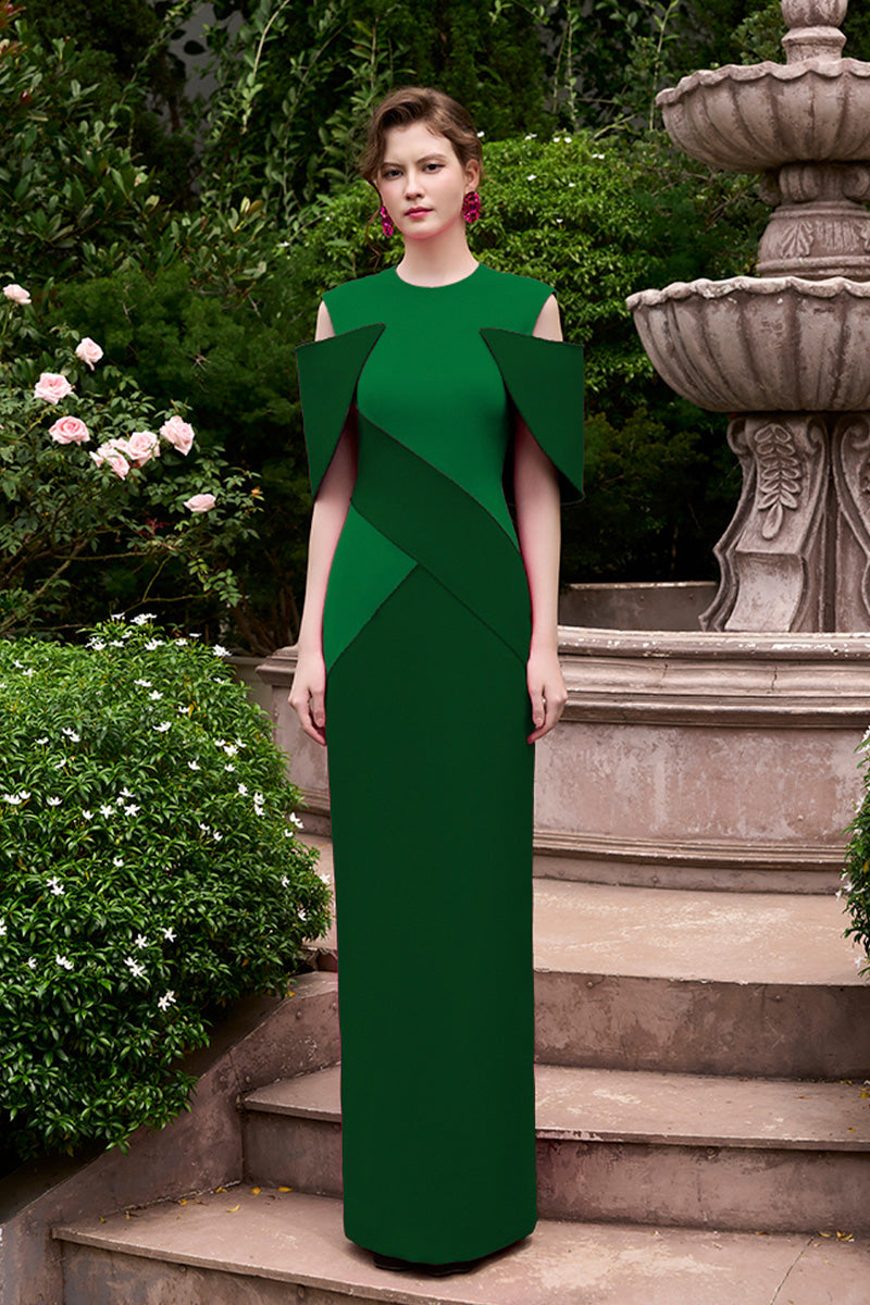 COLUMN EVENING GOWN WITH COLOR PATCHED AND OFF-SHOULDER PADS SALE PRICE