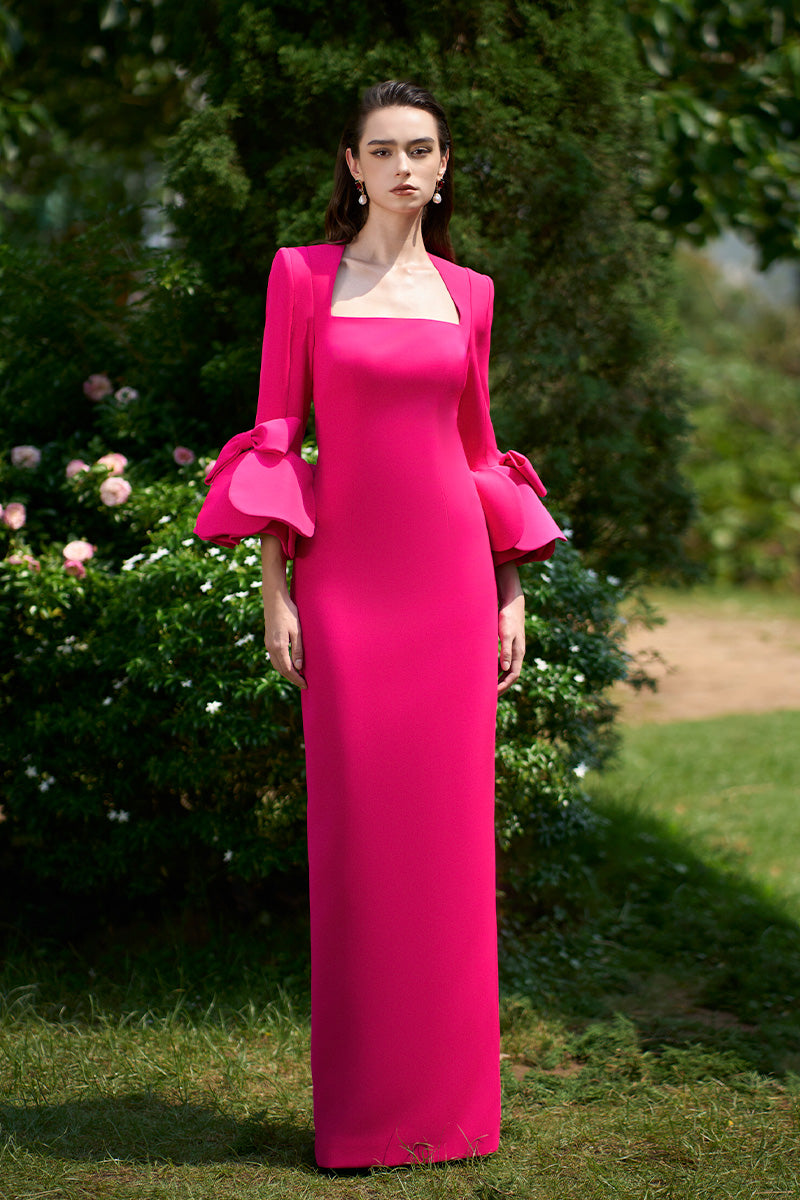 Column Evening Gown With Trapeze Neckline And Rose Draped Three-Quarter Sleeves