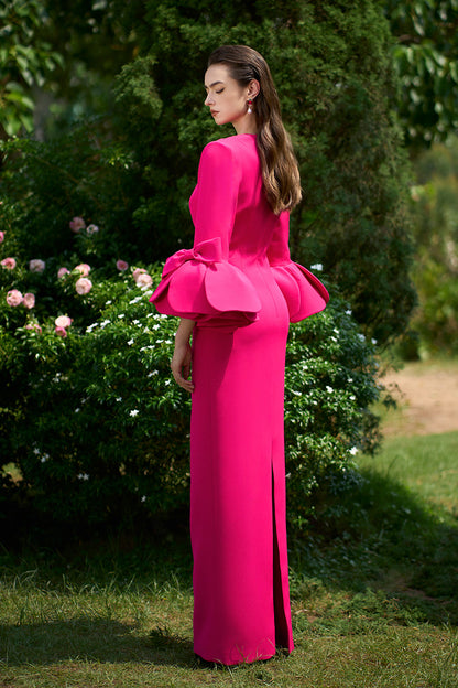 Column Evening Gown With Trapeze Neckline And Rose Draped Three-Quarter Sleeves