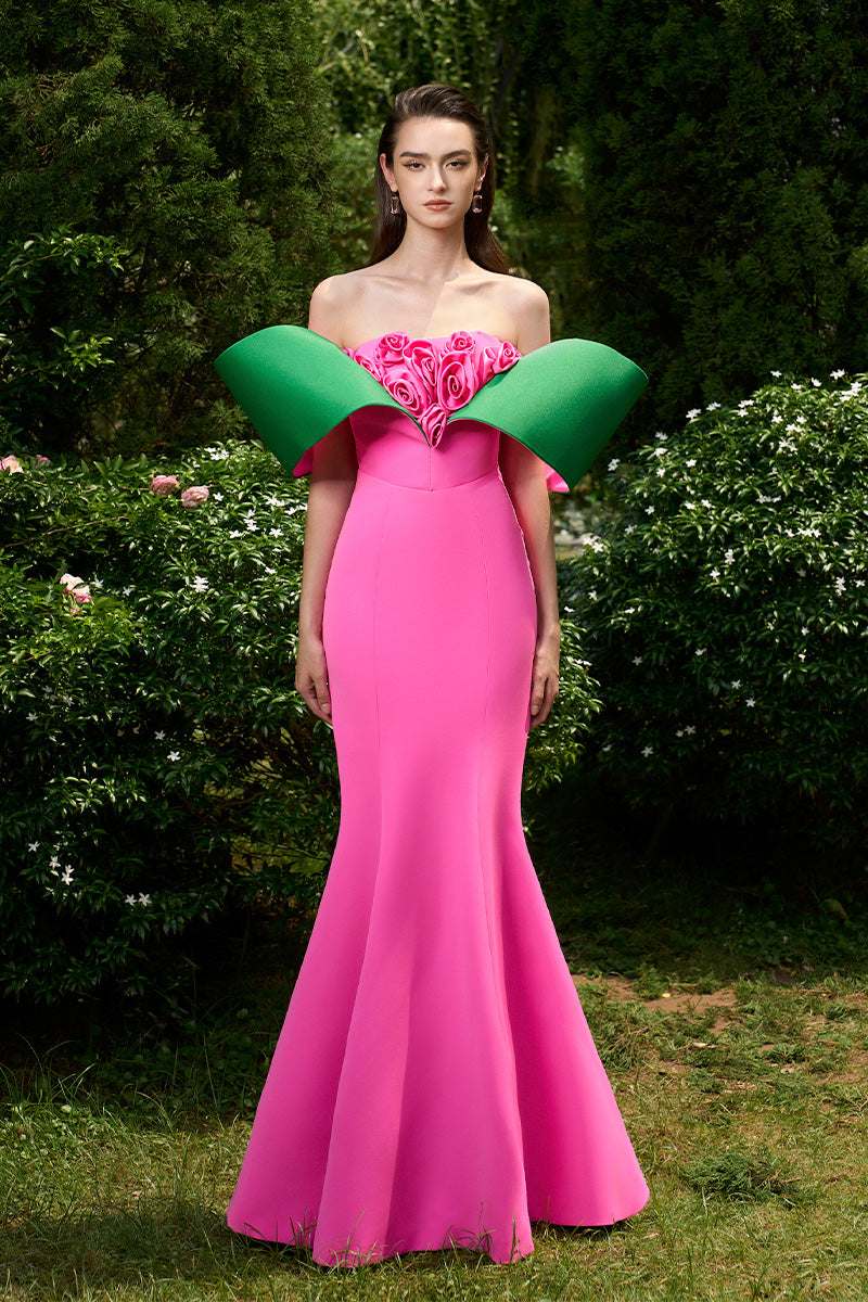 Mermaid Evening Gown With Off-Shoulder Pads And Attached Draped Rose