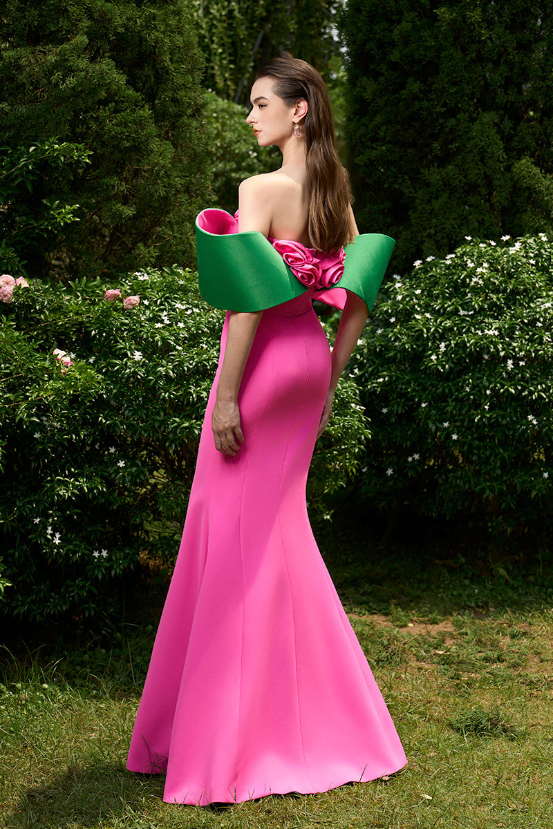 Mermaid Evening Gown With Off-Shoulder Pads And Attached Draped Rose