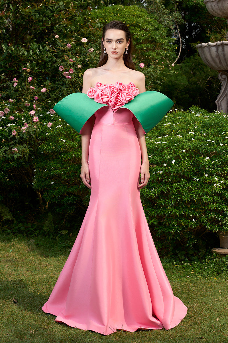 Mermaid Evening Gown With Off-Shoulder Pads And Attached Draped Rose