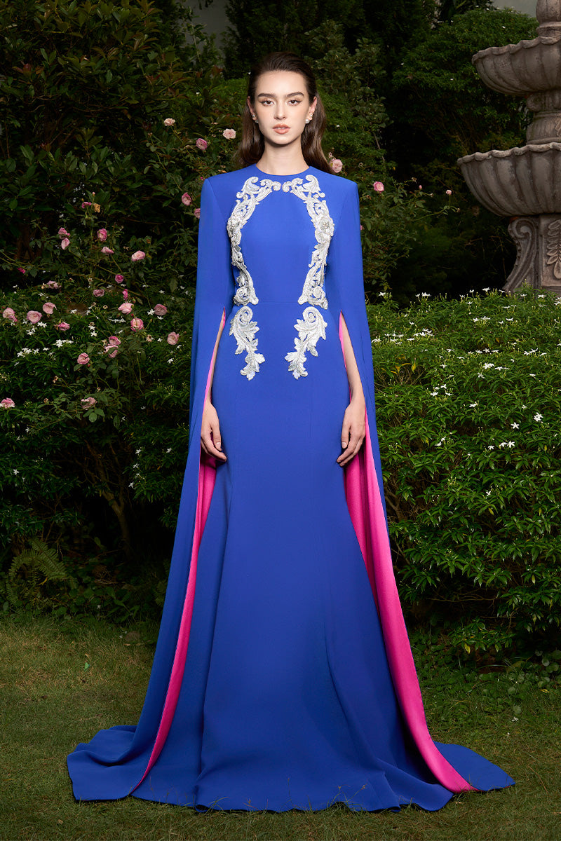 Mermaid Evening Gown With Round Neckline And Floor-Length Slit Sleeves