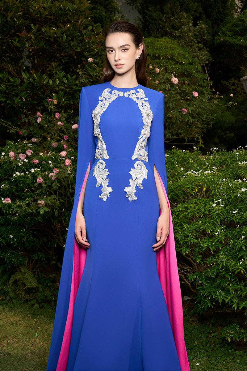 Mermaid Evening Gown With Round Neckline And Floor-Length Slit Sleeves