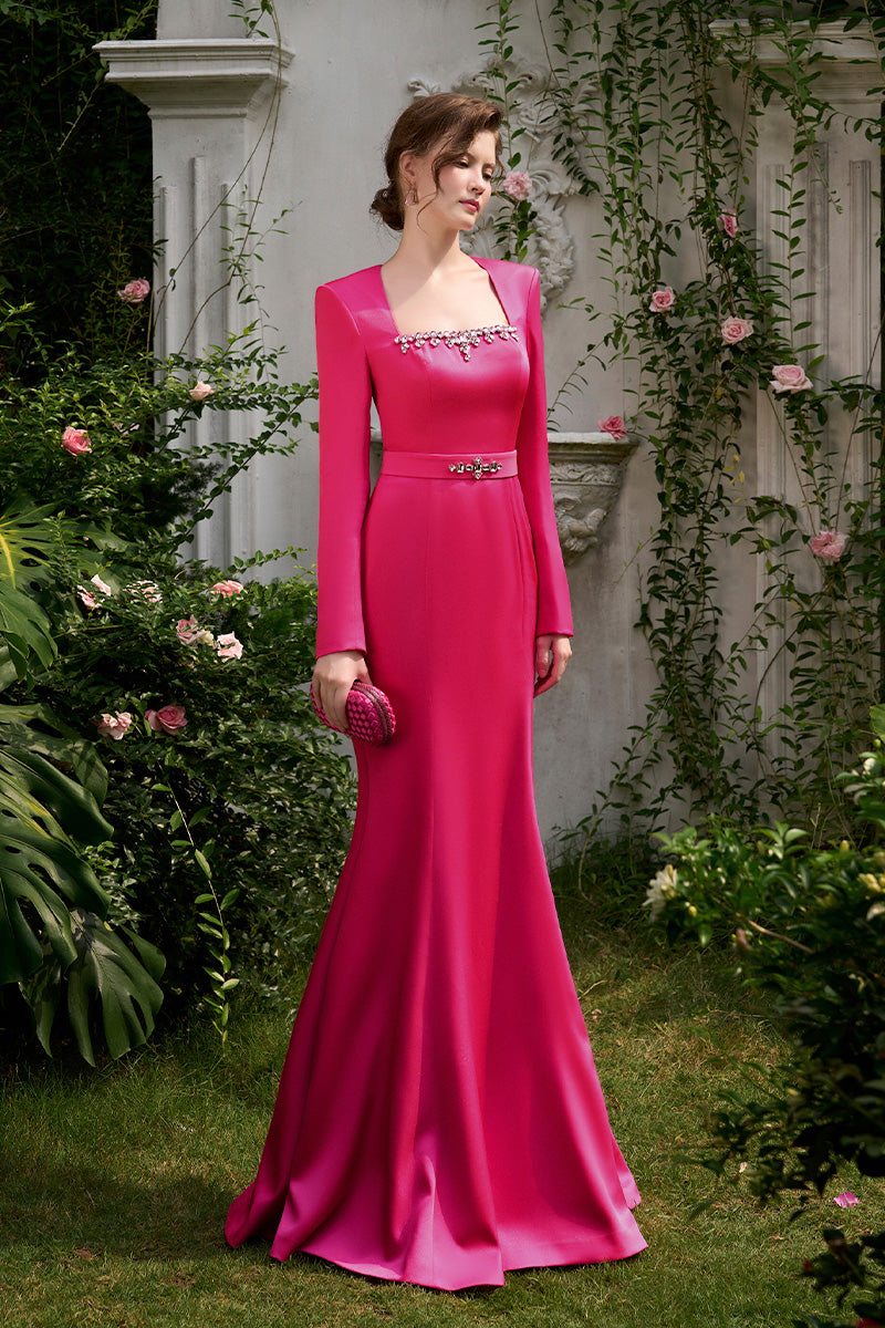 Mermaid Evening Gown With Trapeze Neckline And Long Sleeves