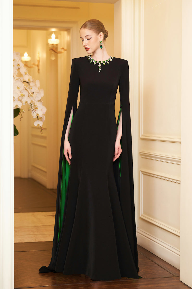 Mermaid Evening Gown With Round Neckline And Floor-Length Slit Sleeves