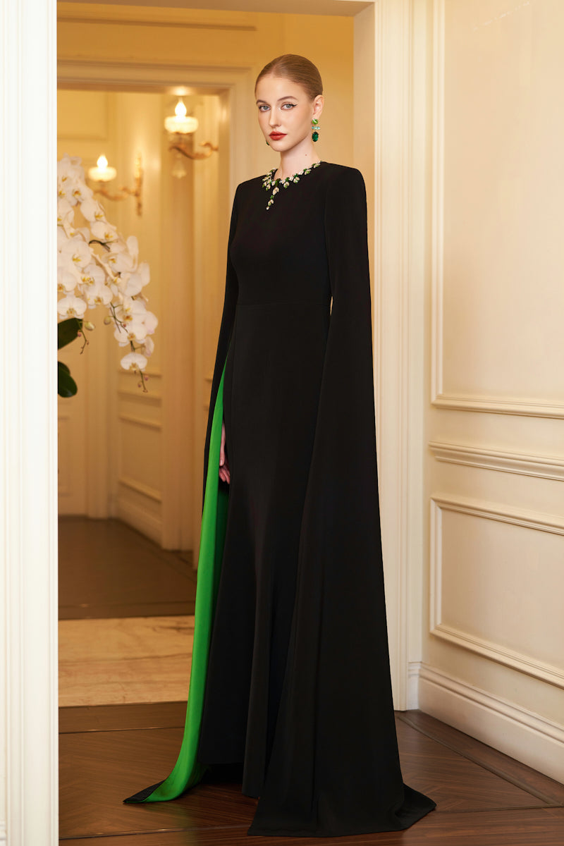 Mermaid Evening Gown With Round Neckline And Floor-Length Slit Sleeves