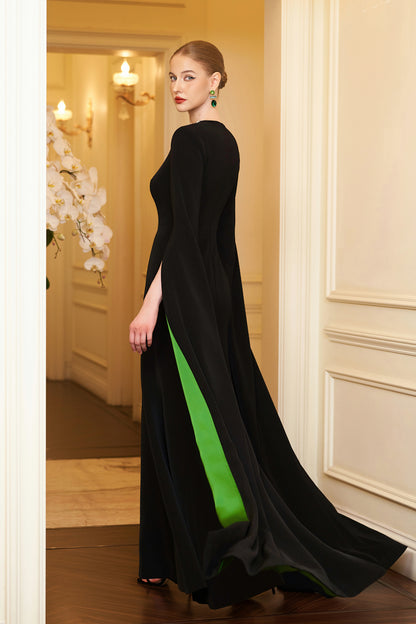 Mermaid Evening Gown With Round Neckline And Floor-Length Slit Sleeves