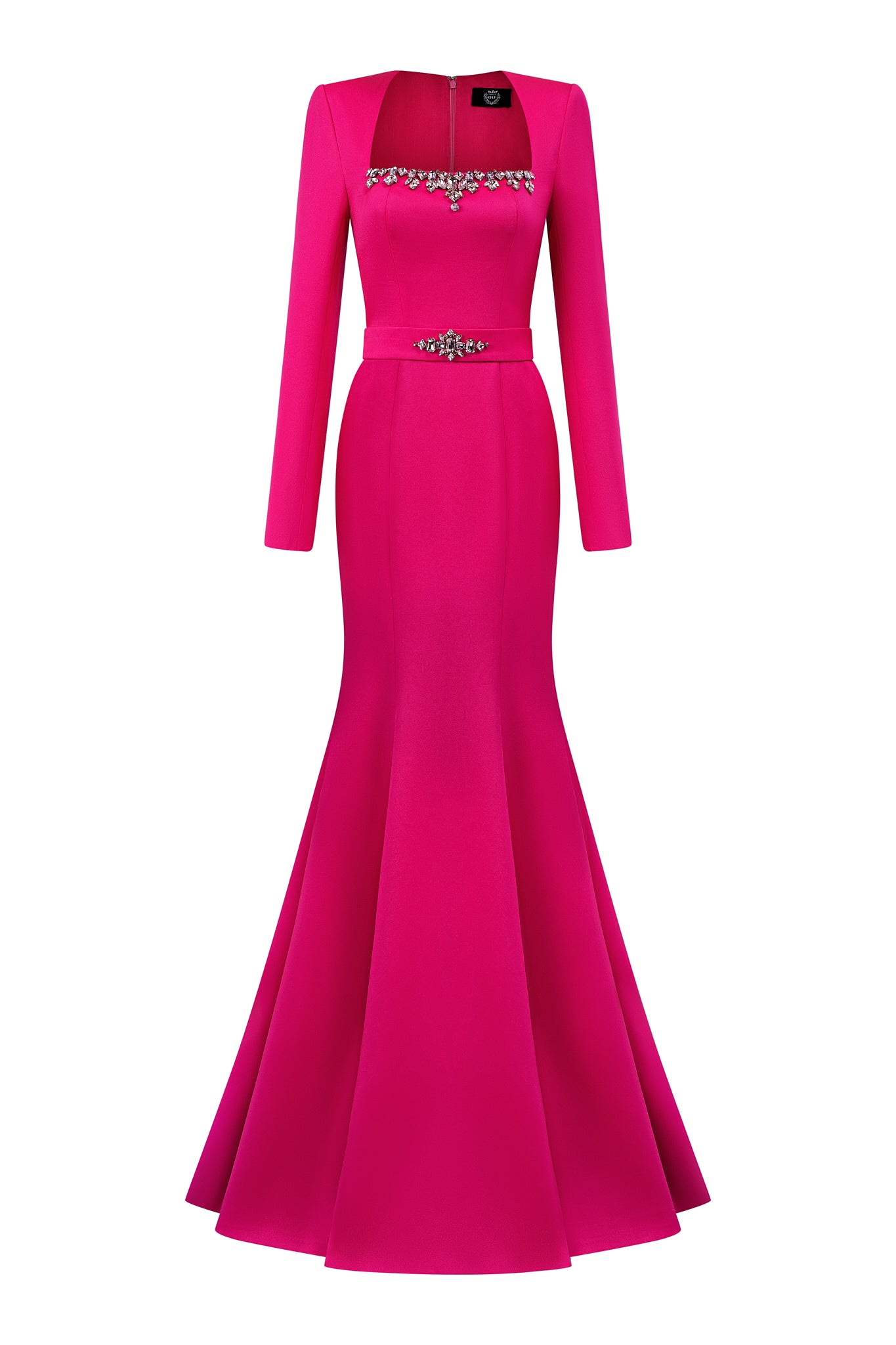 Mermaid Evening Gown With Trapeze Neckline And Long Sleeves