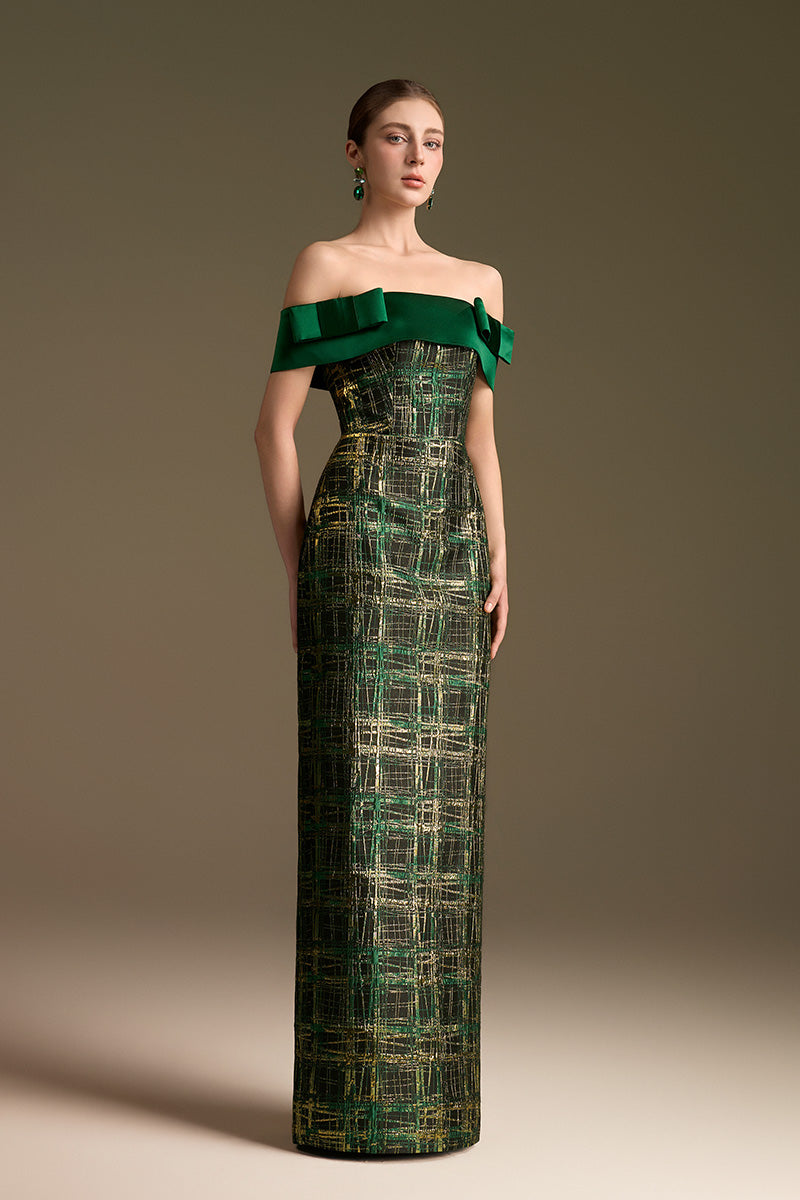 Off-Shoulder Column Gown With Symmetric Bows In Jacquard And Satin Silk