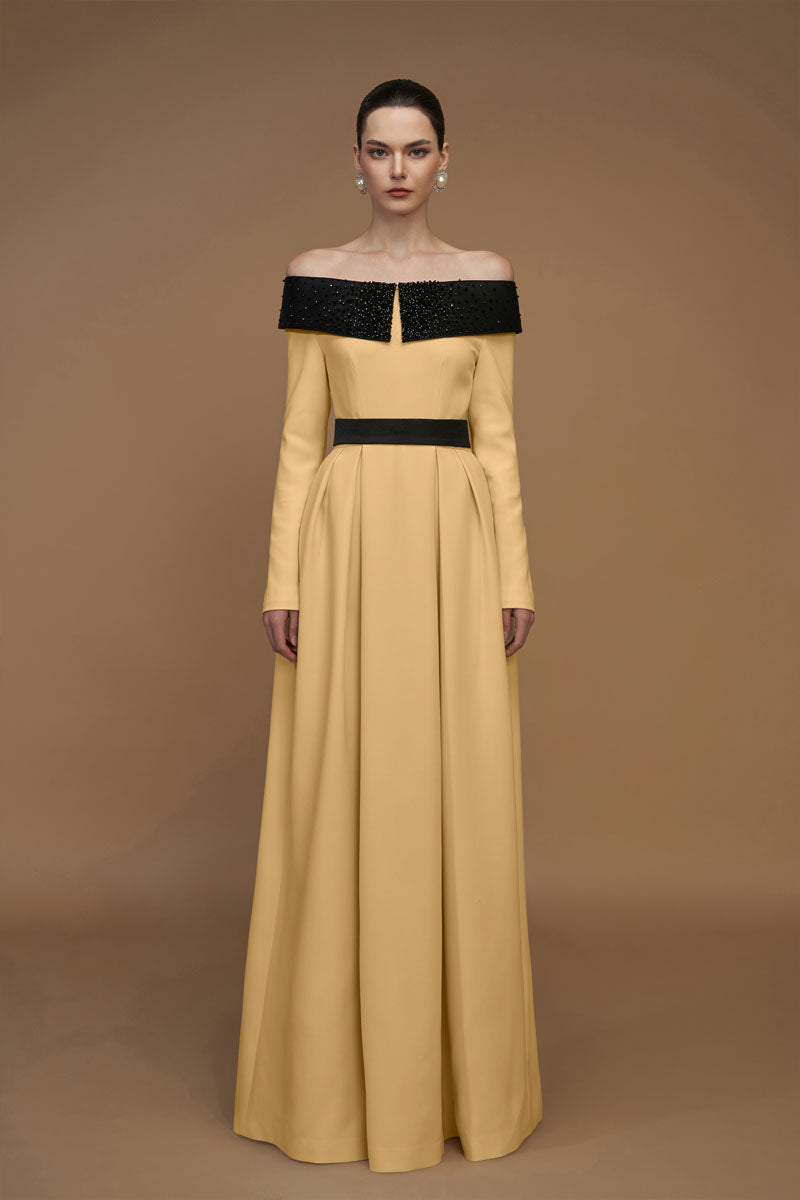 Off-shoulder A-Line Dress In Black And Beige