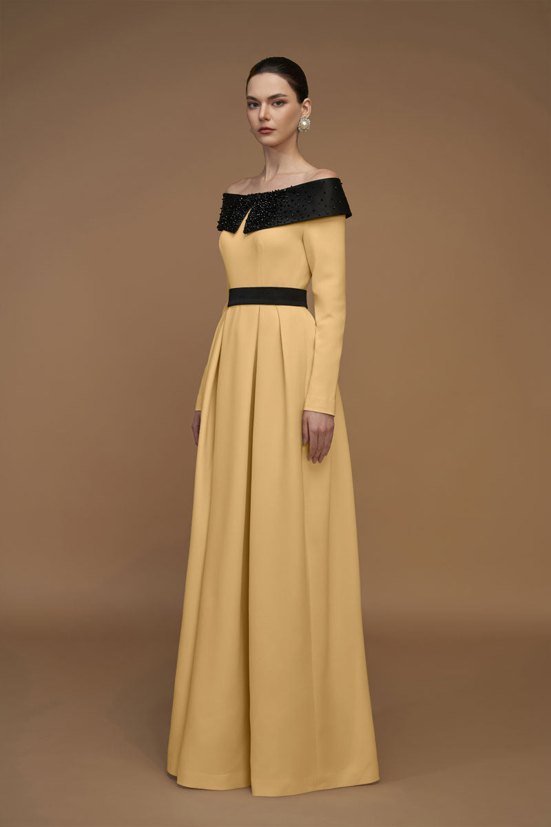 Off-shoulder A-Line Dress In Black And Beige