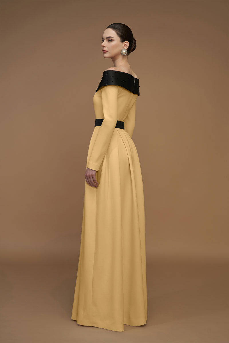 Off-shoulder A-Line Dress In Black And Beige