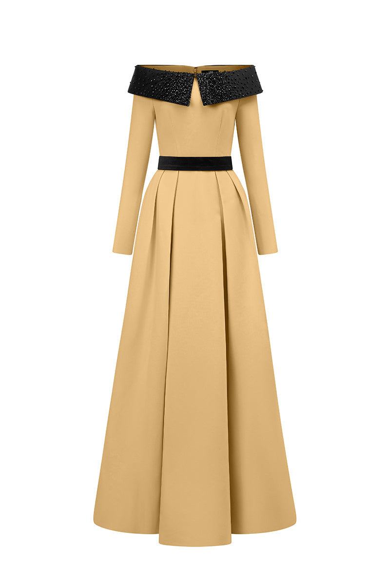 Off-shoulder A-Line Dress In Black And Beige