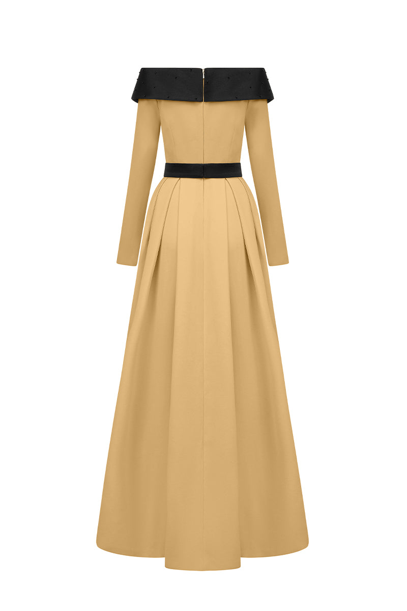 Off-shoulder A-Line Dress In Black And Beige