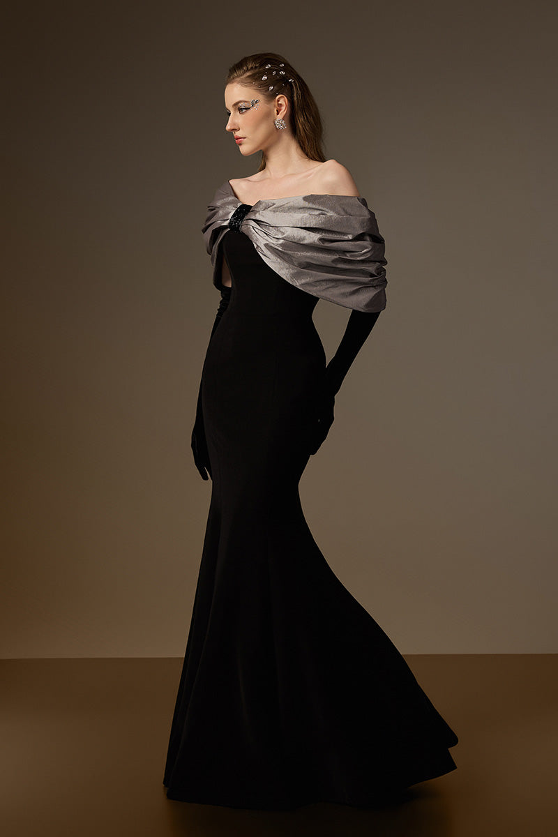 One Shoulder Mermaid Gown With Bust Bow In Black Crepe And Grey Taffeta