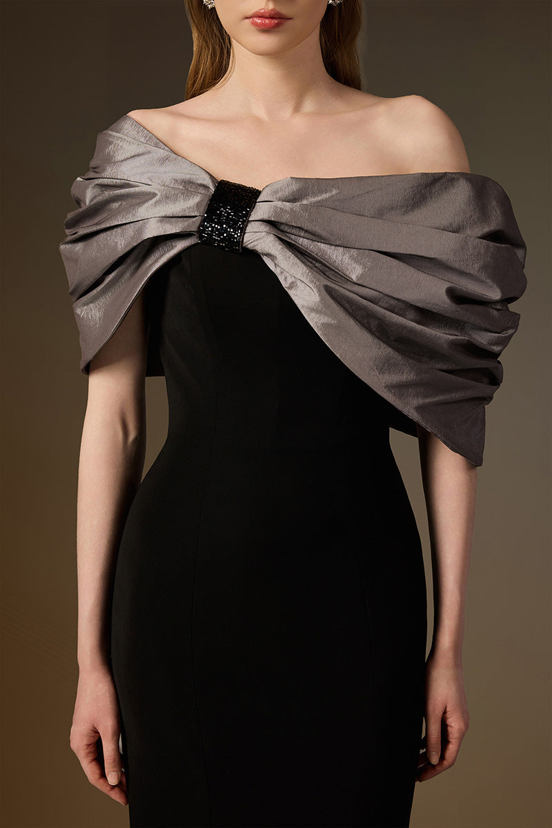 One Shoulder Mermaid Gown With Bust Bow In Black Crepe And Grey Taffeta