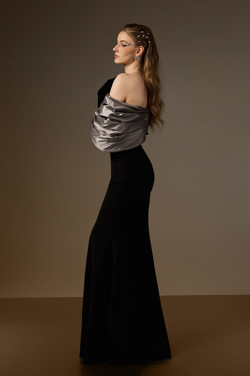One Shoulder Mermaid Gown With Bust Bow In Black Crepe And Grey Taffeta