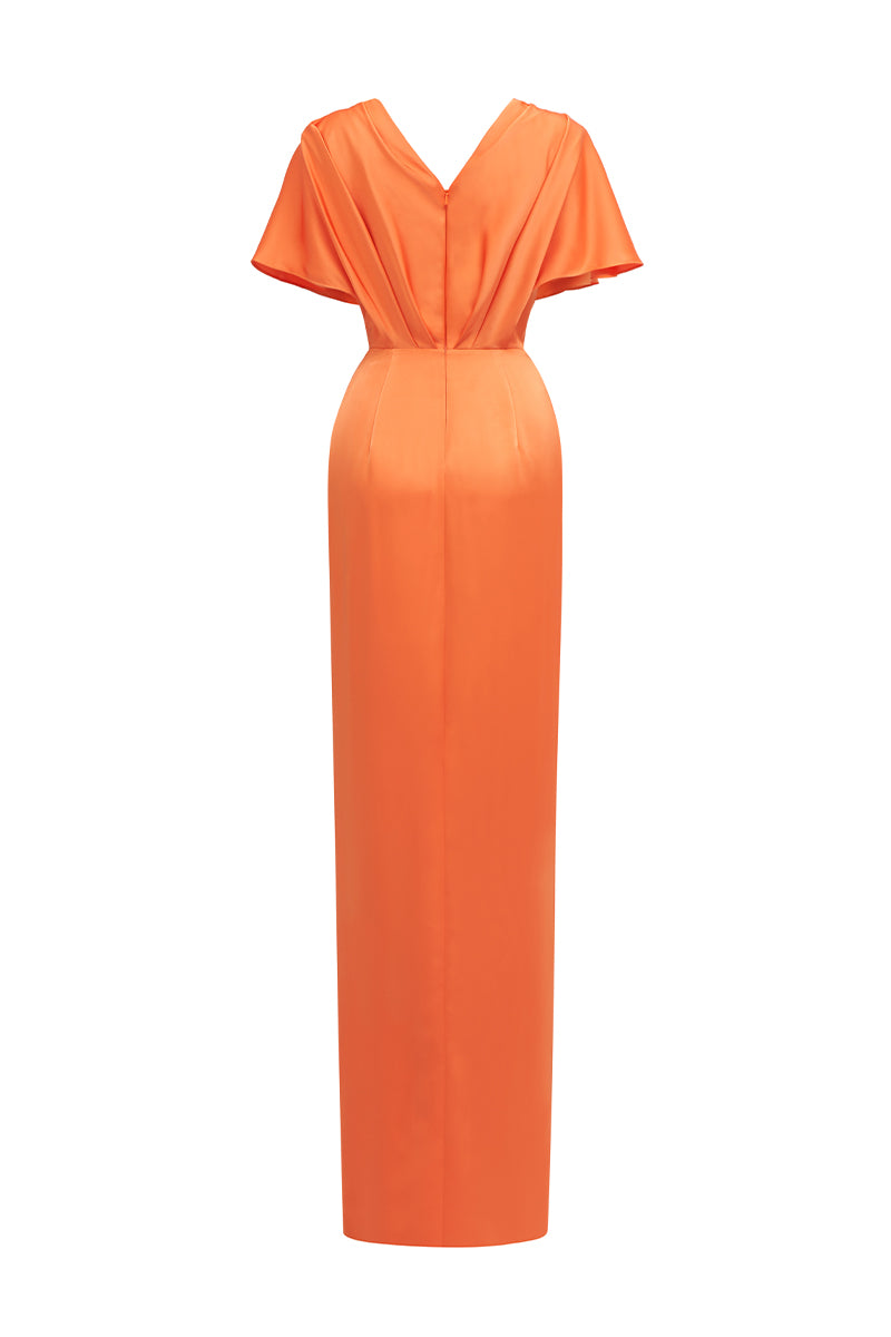 Orange Agate Silk V-Neck Dress With Flutter Sleeves And A Slit