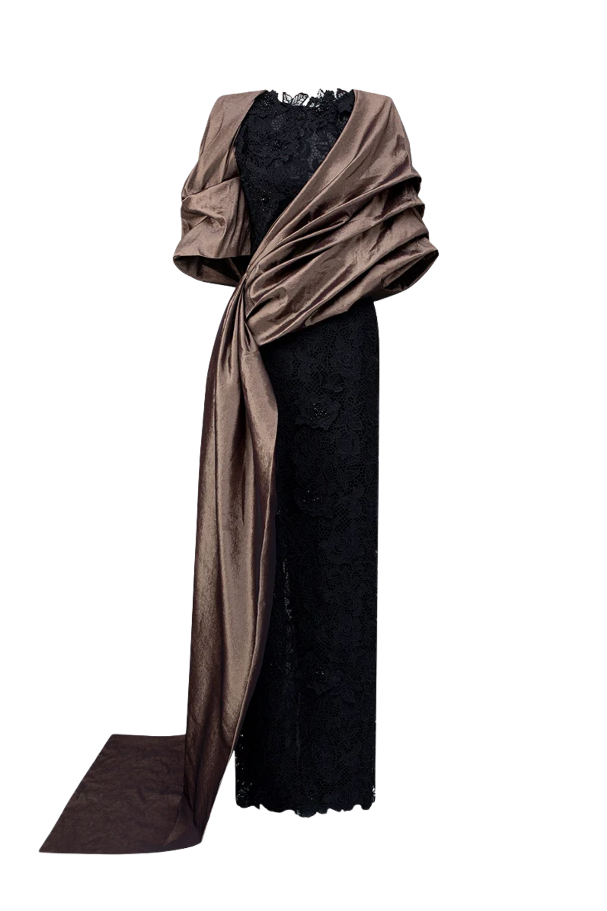 Round Neck And Draped Sleeves Column Dress In Guipure Lace