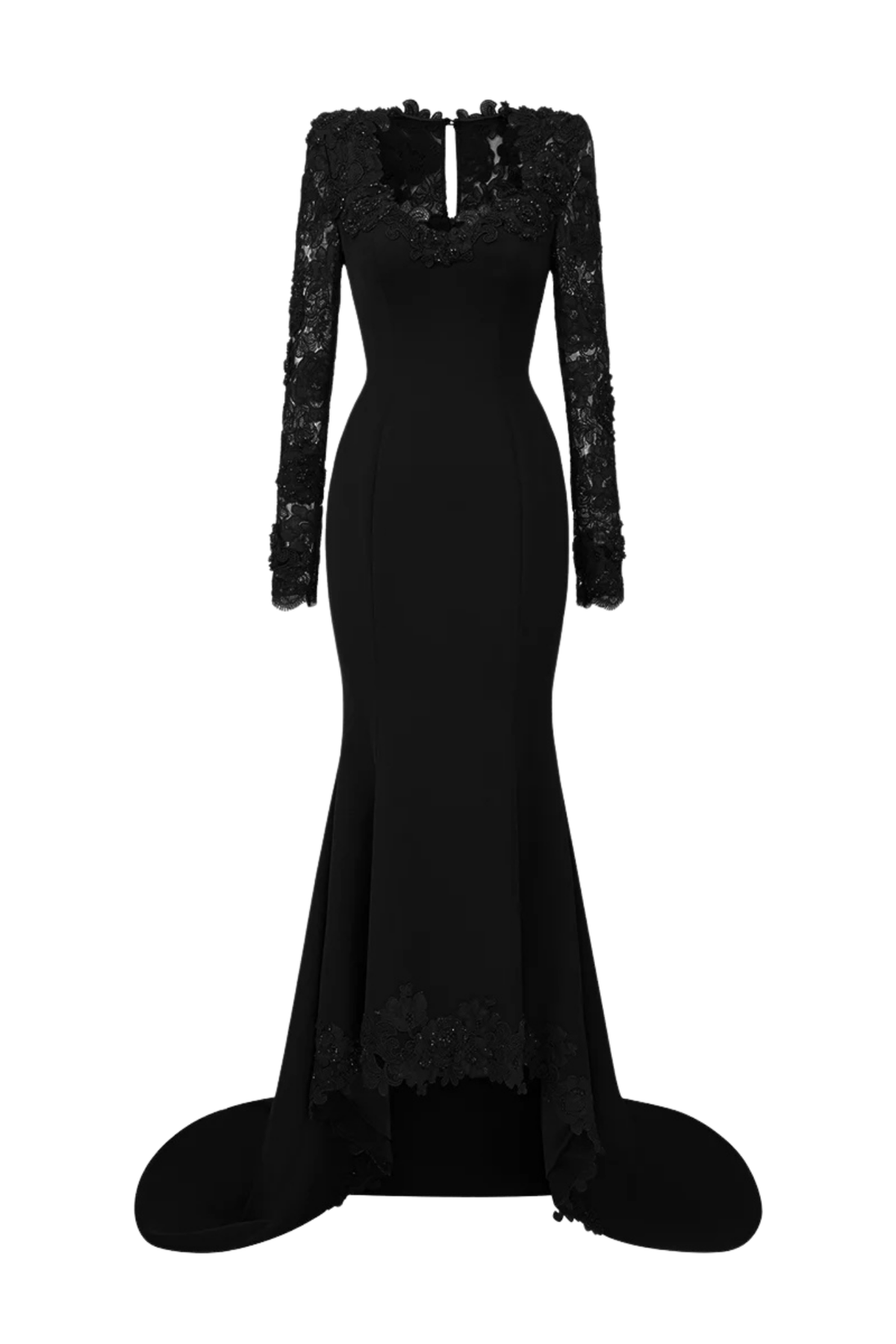 Trapeze Neck Mermaid Gown With Mullet Details In Black Crepe And Floral Garden Mesh Lace
