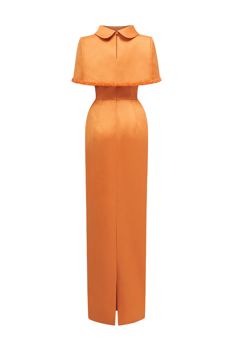 Orange Taffeta Dress With A Cropped Cape And Inverted Lapel