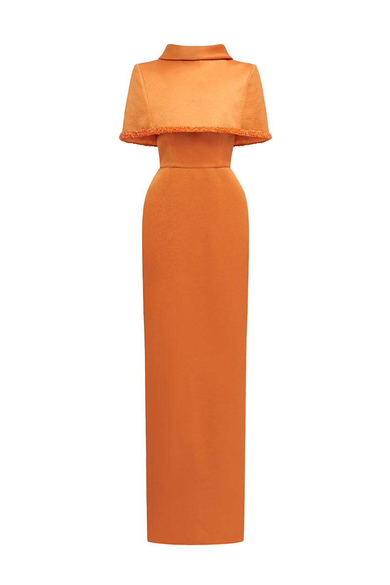 Orange Taffeta Dress With A Cropped Cape And Inverted Lapel