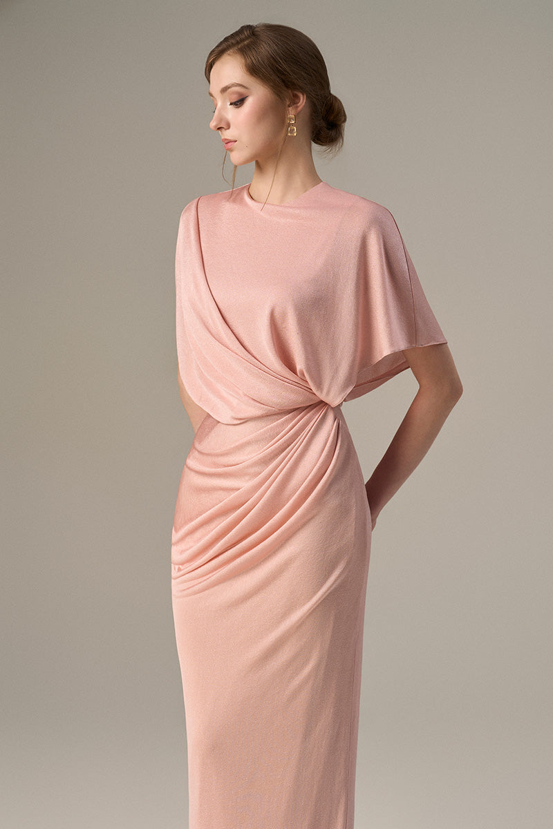 Pink Jersey Dress Wth Gathered Waist And Tie Detail