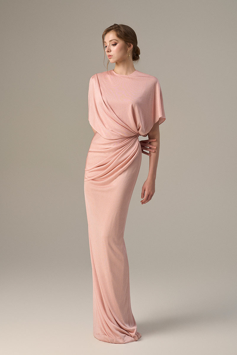 Pink Jersey Dress Wth Gathered Waist And Tie Detail