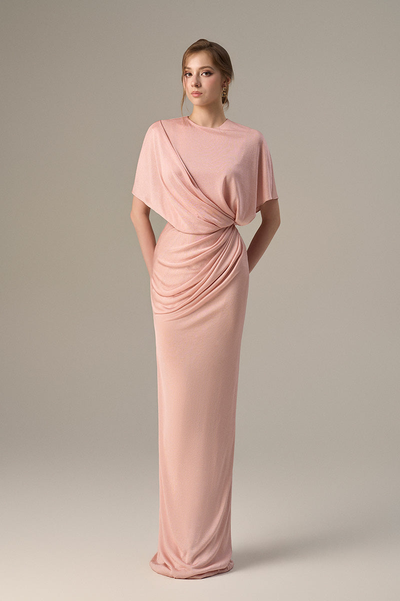 Pink Jersey Dress Wth Gathered Waist And Tie Detail